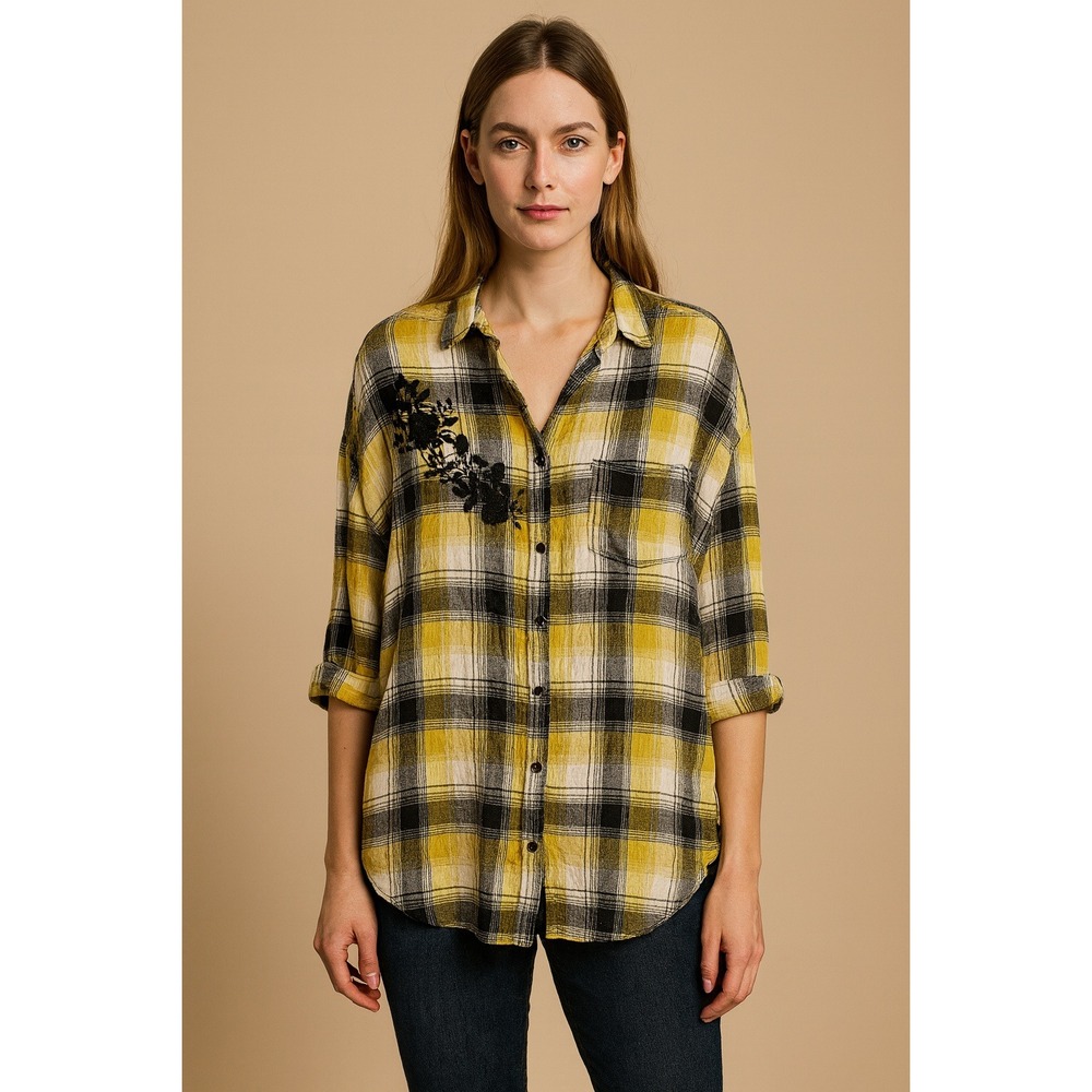 Maeve Anthropologie Yellow Black Embroidered Plaid Button Down Tunic Top M/L M L